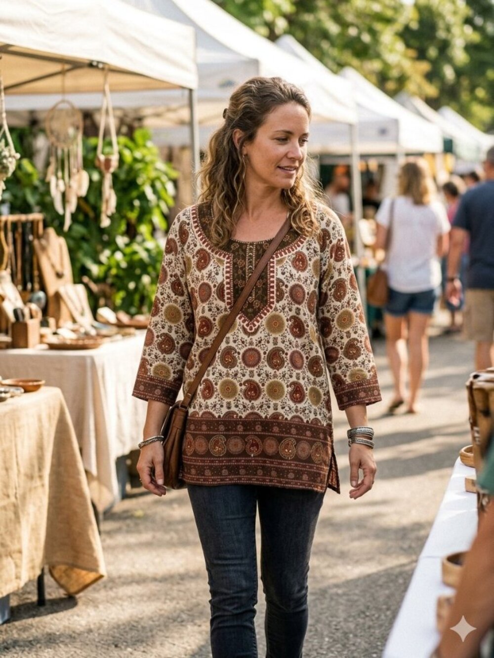 Star India Bohemian Brown Cream Floral Tunic Top
